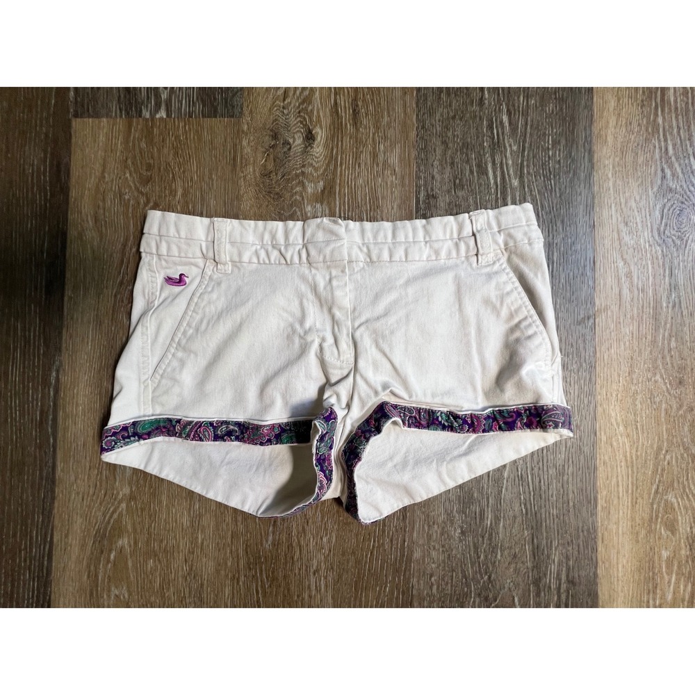 Southern Marsh Shorts Womens 2 White Paisley Trim Low Rise Chino Preppy Coastal